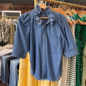 Blue Denim Ruffle Collar Blouse